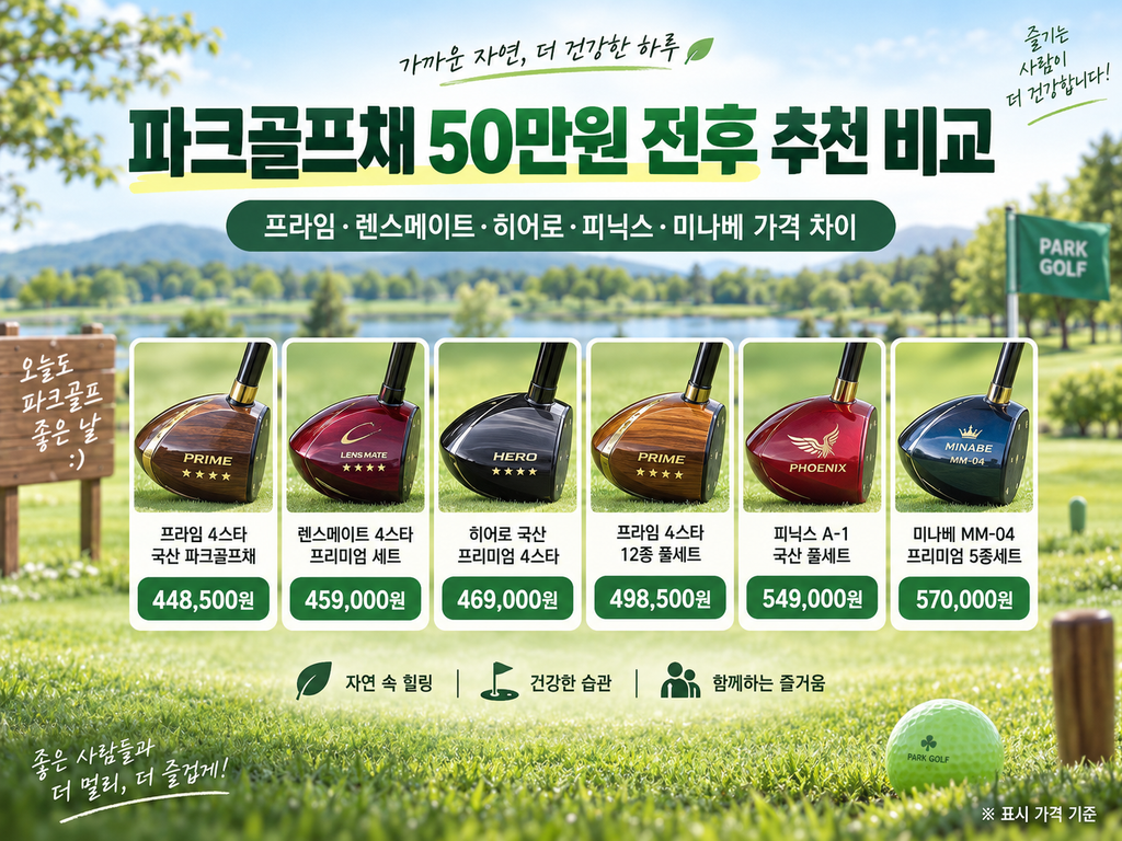 파크골프채 50만원 전후 추천 비교, 프라임·렌스메이트·히어로·피닉스·미나베 가격 차이