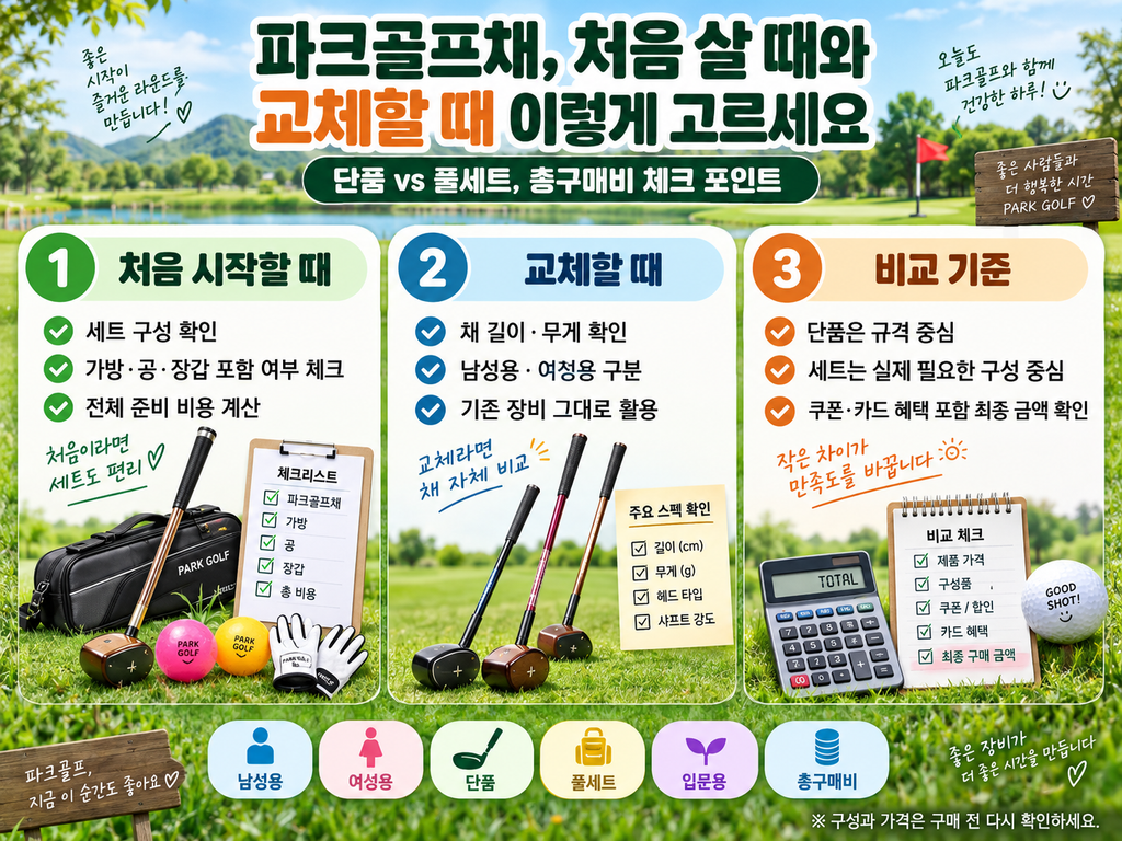 파크골프채 처음 살 때와 교체할 때 추천 제품 비교, 단품·풀세트 총구매비 선택 가이드