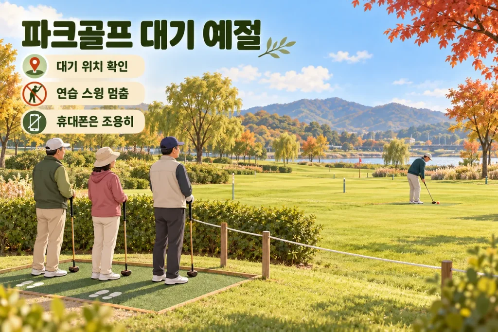 파크골프 대기 예절, 앞 조가 밀릴 때 대기 위치·연습 스윙·휴대폰 사용법