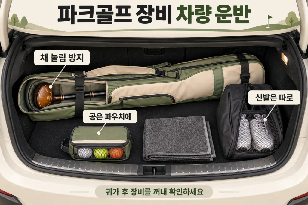파크골프 장비 차량 운반법, 트렁크 적재·동승자 짐 분리·귀가 후 하차 순서