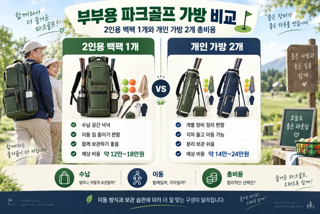 부부용 파크골프 가방 비교, 2인용 백팩 1개와 개인 가방 2개 총비용